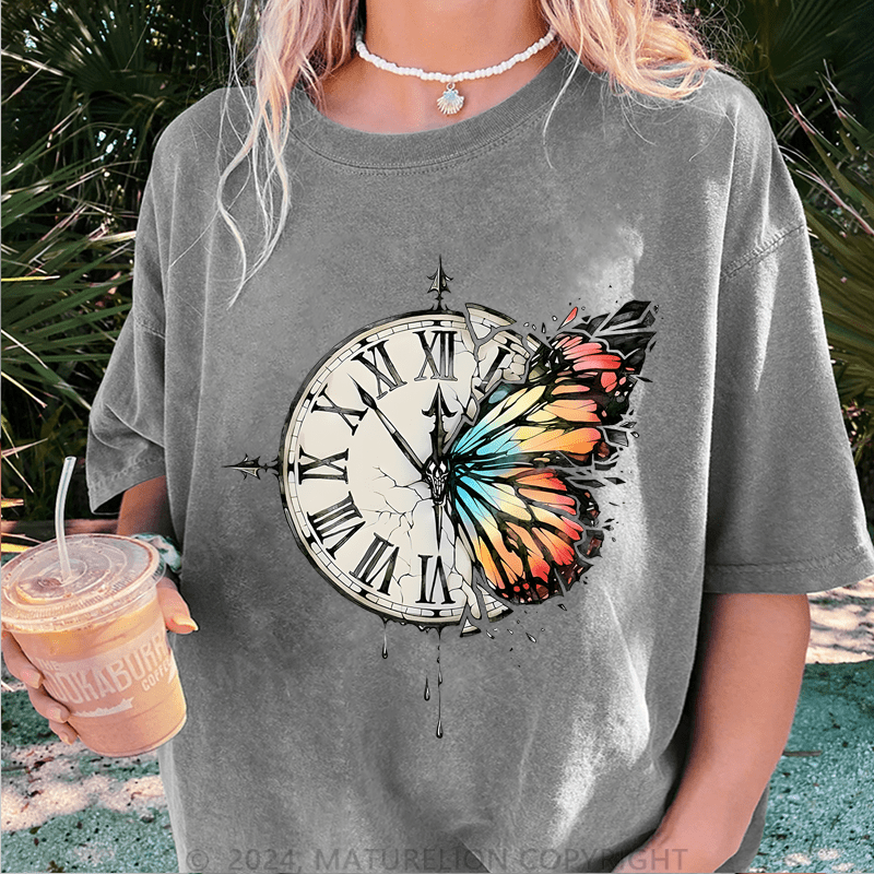 Maturelion Butterfly Clock Art DTG Printing Washed T-Shirt