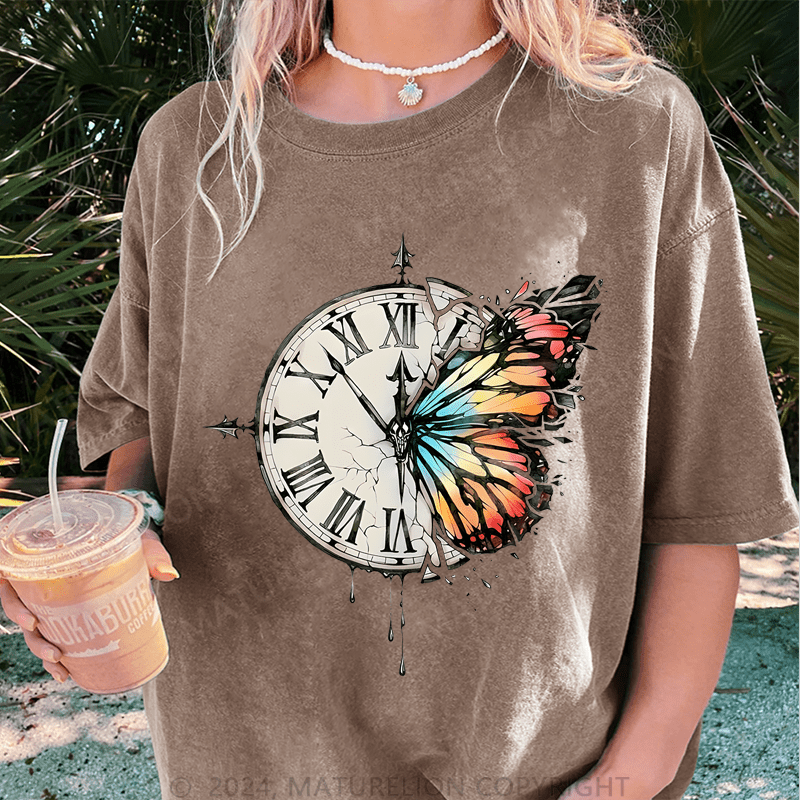 Maturelion Butterfly Clock Art DTG Printing Washed T-Shirt