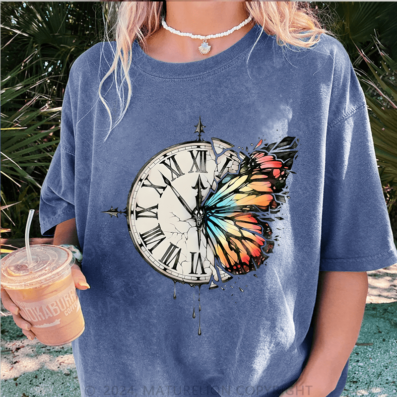 Maturelion Butterfly Clock Art DTG Printing Washed T-Shirt