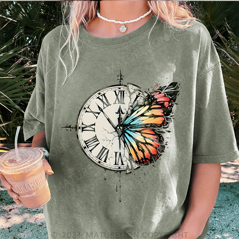 Maturelion Butterfly Clock Art DTG Printing Washed T-Shirt