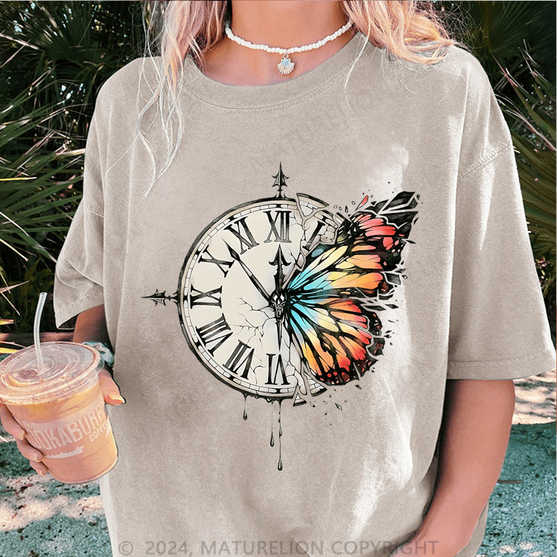 Maturelion Butterfly Clock Art DTG Printing Washed T-Shirt