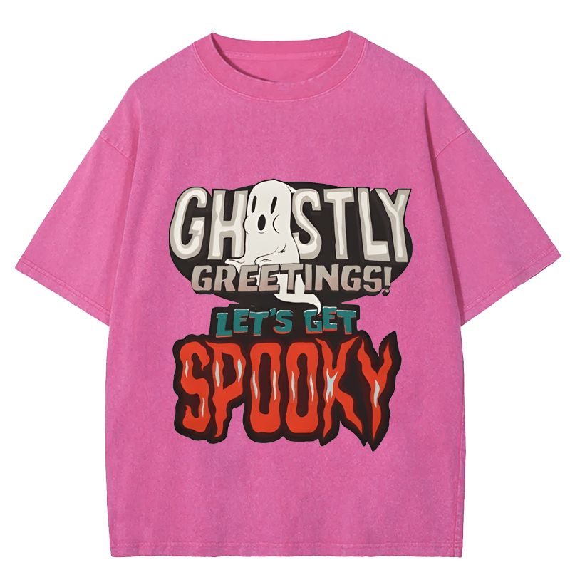 Maturelion Halloween Chosty Greetings! Let's Get Spooky DTG Printing Washed Cotton T-Shirt