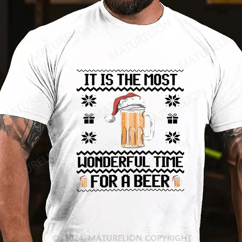 Maturelion Christmas T-shirt It Is The Most Wonderful Time For A Beer Cotton T-shirt