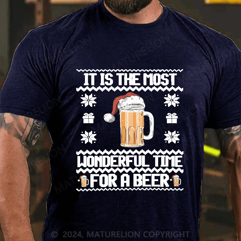 Maturelion Christmas T-shirt It Is The Most Wonderful Time For A Beer Cotton T-shirt