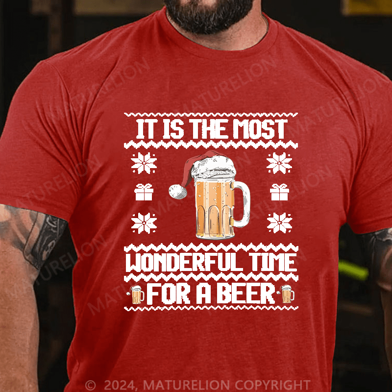 Maturelion Christmas T-shirt It Is The Most Wonderful Time For A Beer Cotton T-shirt