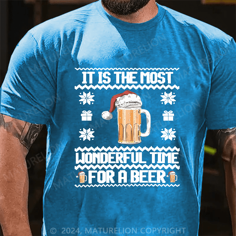 Maturelion Christmas T-shirt It Is The Most Wonderful Time For A Beer Cotton T-shirt