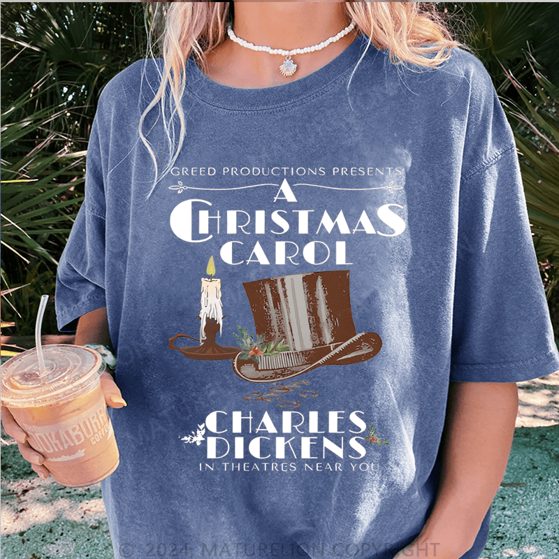 Maturelion Christmas T-Shirt Greed Productions Presents A Christmas Carol Women T-Shirt