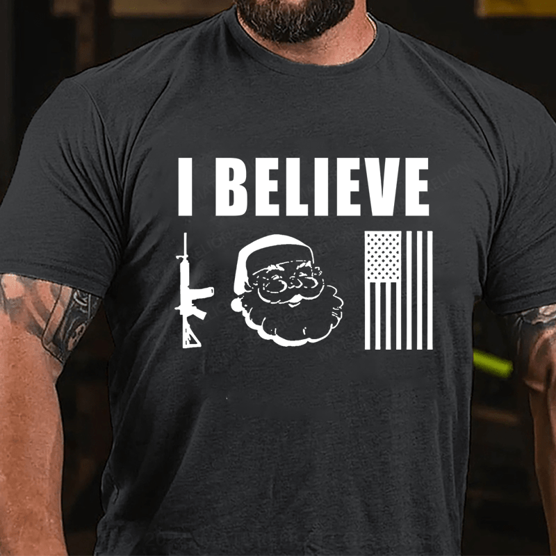 Maturelion Christmas T-Shirt I Believe Guns And Santa And Flag T-shirt