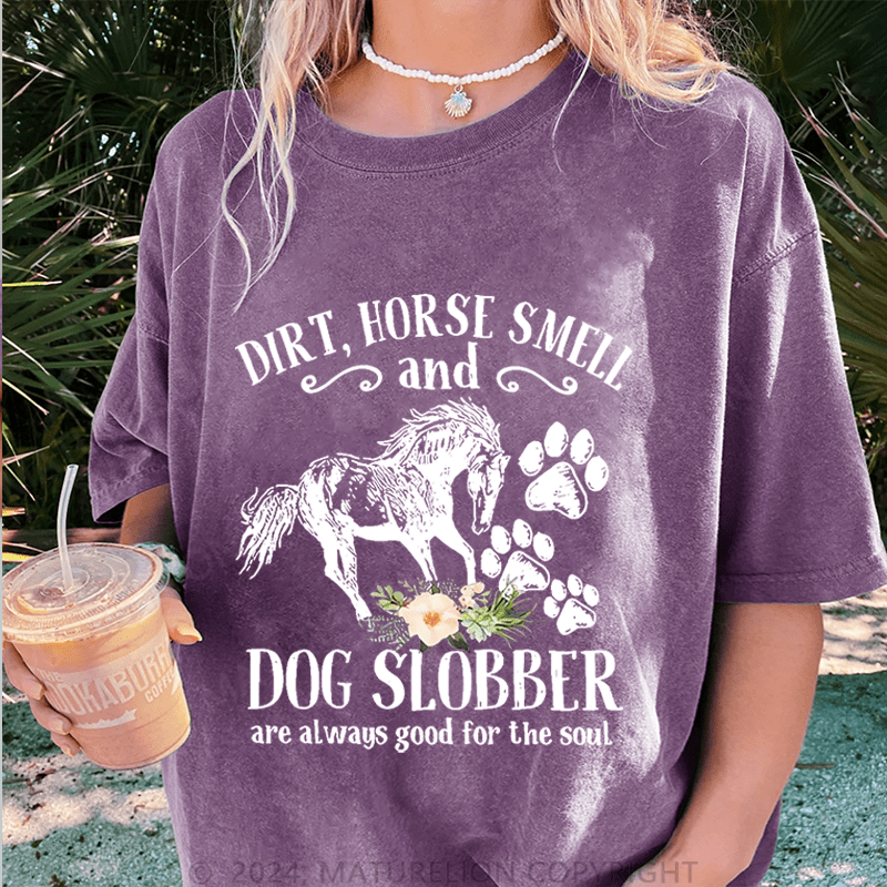 Maturelion Cute Horse And Dog Flower Dirt Horse Smell DTG Printing Washed Cotton T-Shirt
