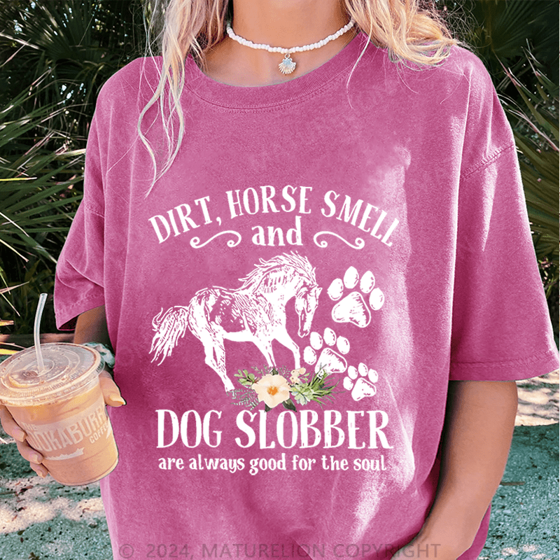 Maturelion Cute Horse And Dog Flower Dirt Horse Smell DTG Printing Washed Cotton T-Shirt