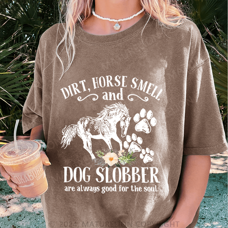 Maturelion Cute Horse And Dog Flower Dirt Horse Smell DTG Printing Washed Cotton T-Shirt