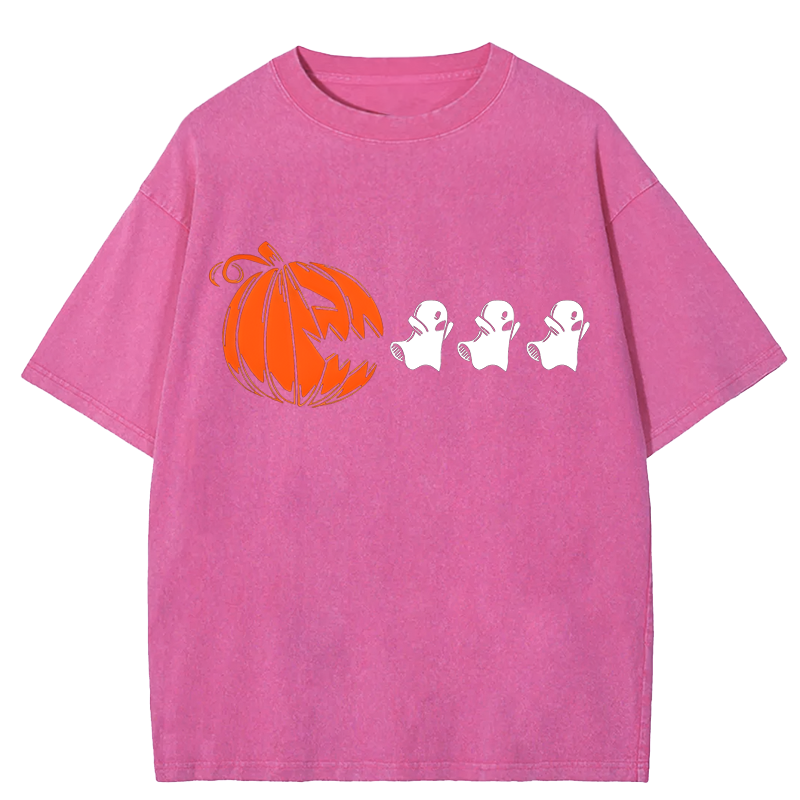 Maturelion Halloween Ghost Pumpkin DTG Printing Washed Cotton T-Shirt