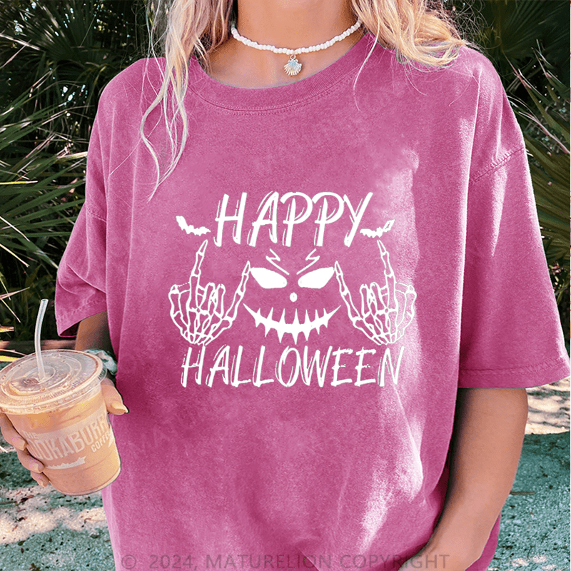 Maturelion Halloween Happy Funny DTG Printing Washed Cotton T-Shirt