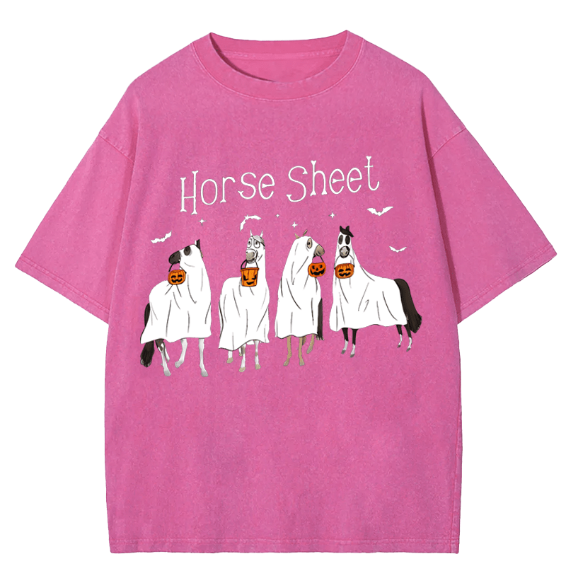 Maturelion Halloween Horse Sheet Ghost Horses Funny Halloween DTG Printing Washed Cotton T-Shirt