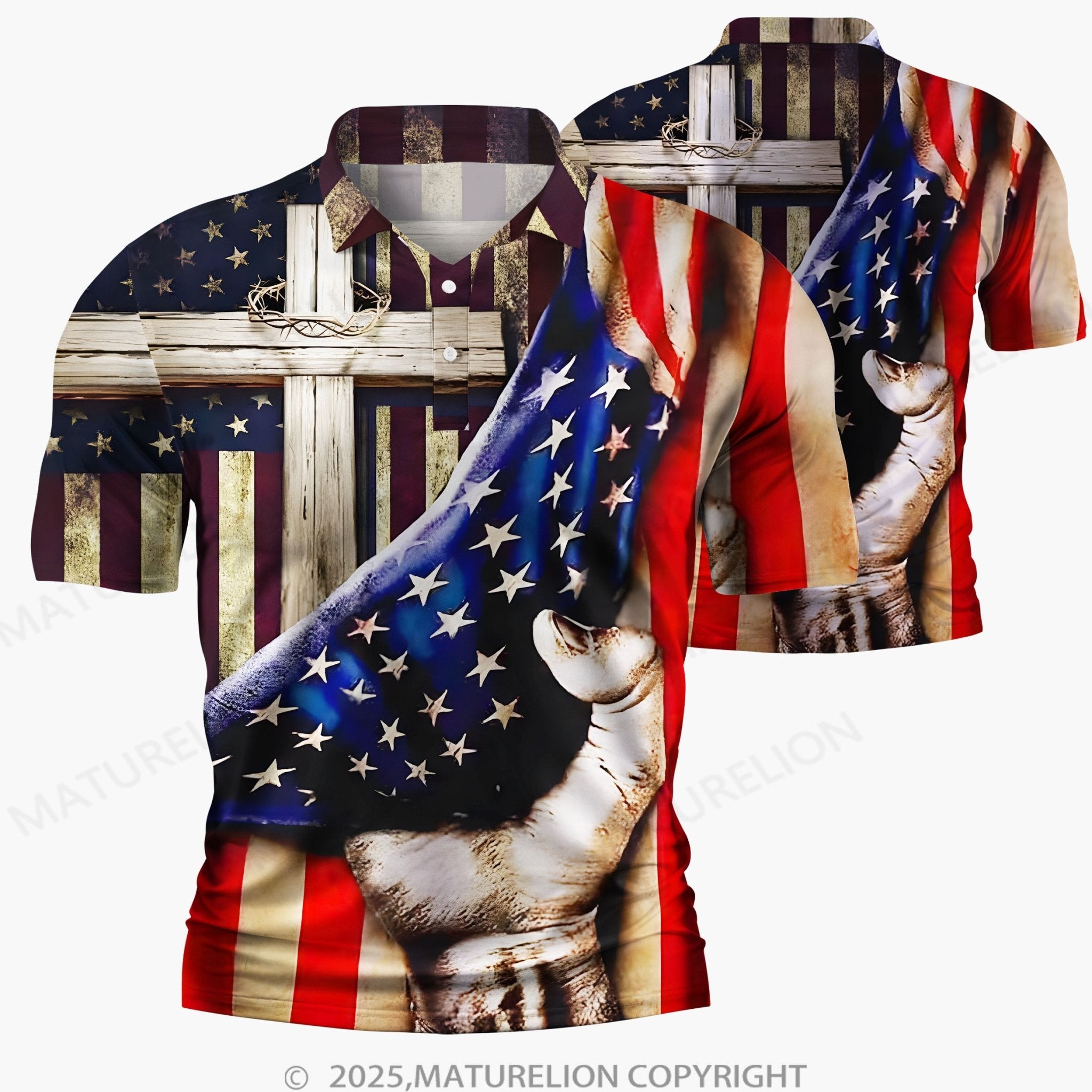 Maturelion Men's Polo Shirt Vintage V-Neck Usa Flag Polo Shirt