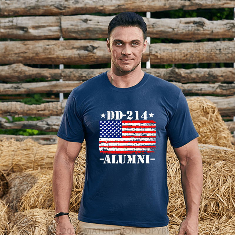 Maturelion Men's T-Shirt DD-214 Alumni Military Veteran American Flag Patriotic T-Shirt