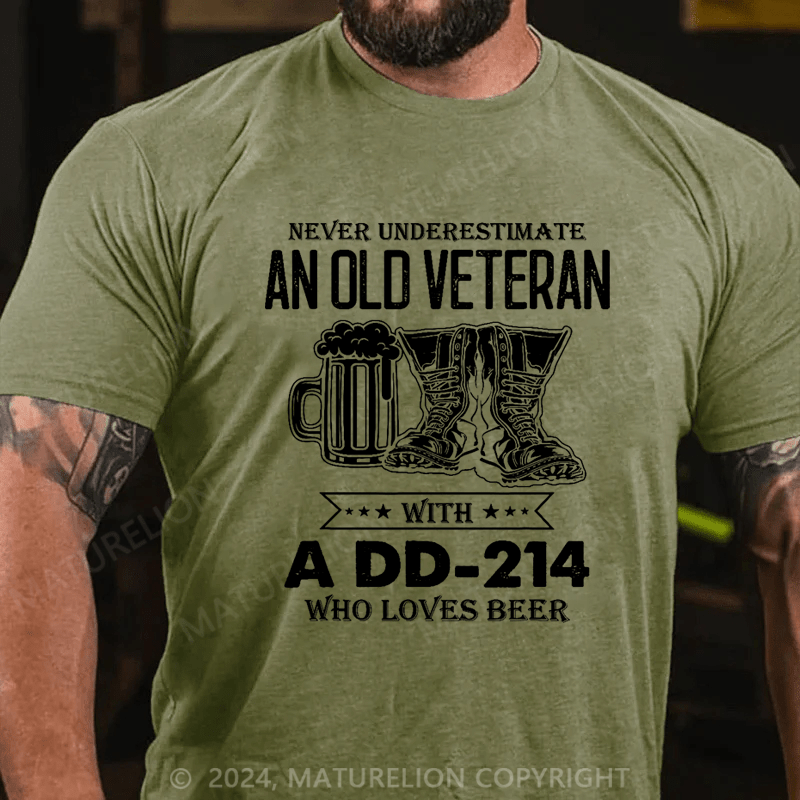 Maturelion Men's T-Shirt Never Underestimate An Old Veteran With A DD-214 Who Loves Beer T-Shirt (Free Customization)