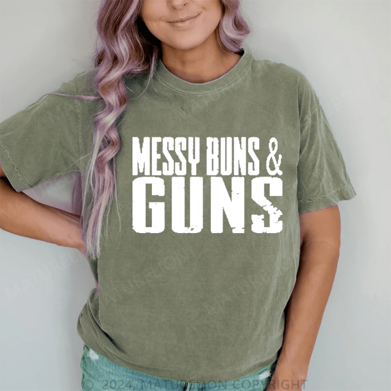 Maturelion Messy Buns&Guns DTG Printing Washed Cotton T-Shirt