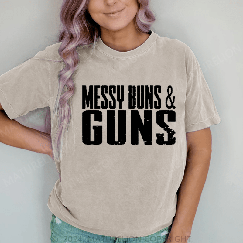 Maturelion Messy Buns&Guns DTG Printing Washed Cotton T-Shirt