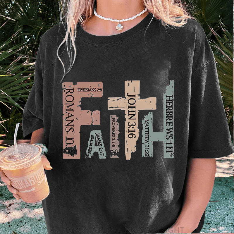 Maturelion Vintage Christian With Bible Verses,Retro Faith Cross DTG Printing Washed Cotton T-Shirt
