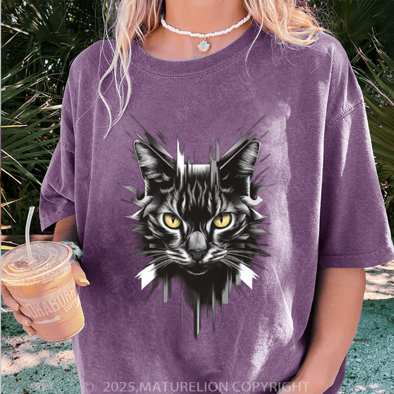 Maturelion Women T-Shirt Cool Cat Washed Women T-Shirt