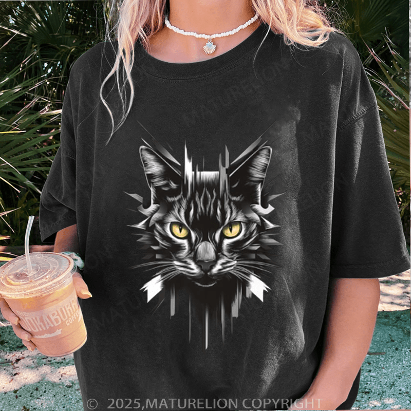 Maturelion Women T-Shirt Cool Cat Washed Women T-Shirt
