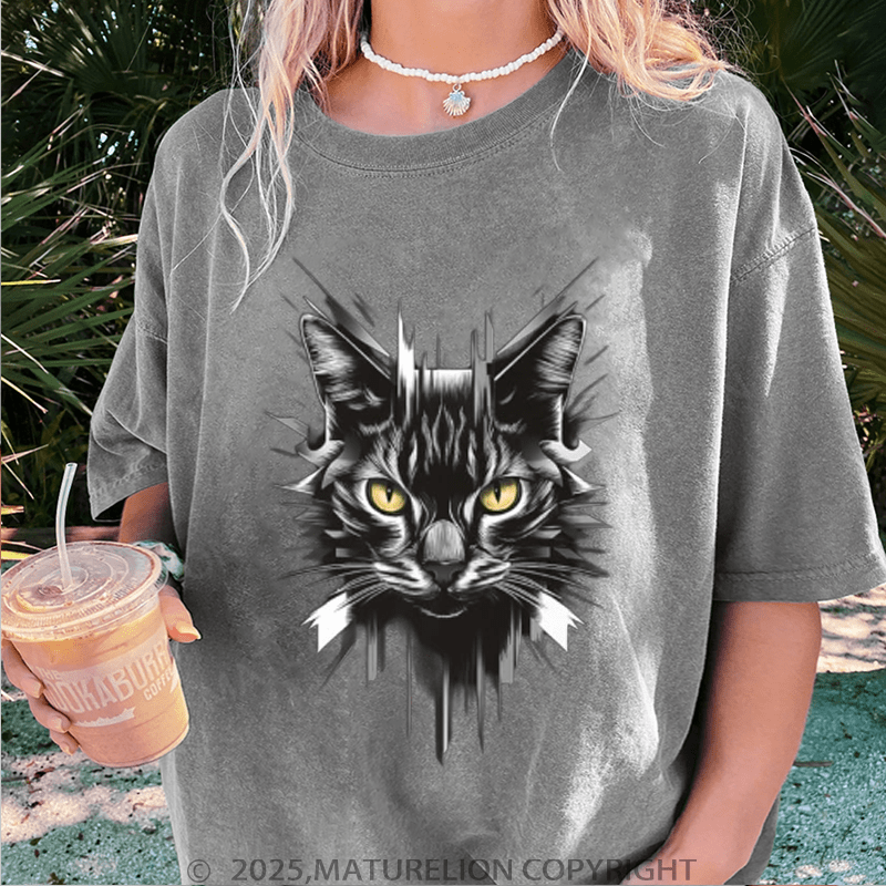 Maturelion Women T-Shirt Cool Cat Washed Women T-Shirt
