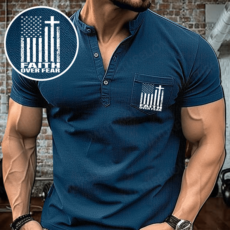 Maturelion Men's Henley Shirt Faith Over Fear Christian Flag Cross Henley Shirt