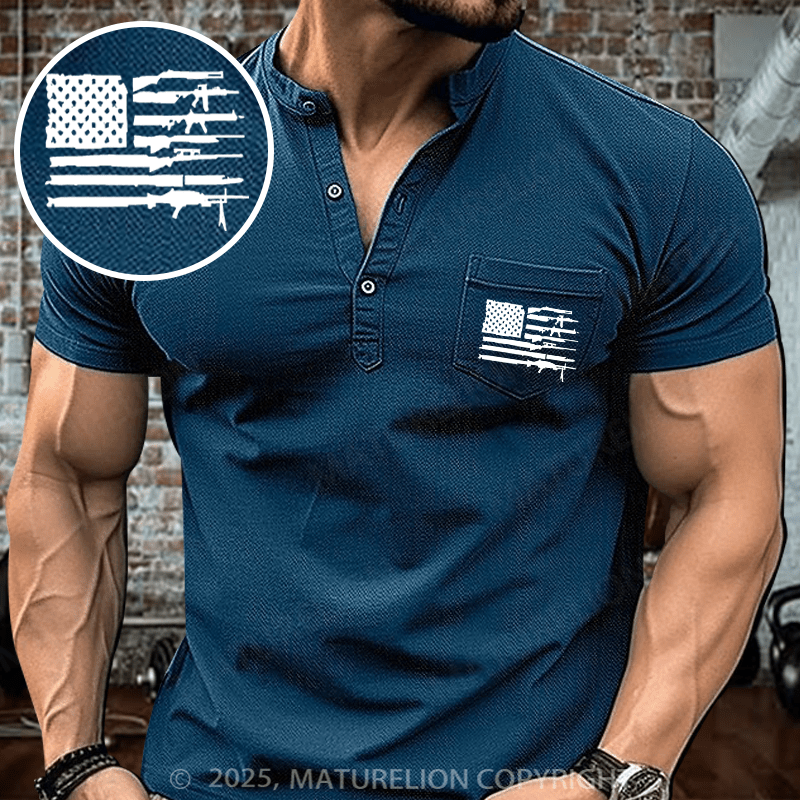 Maturelion Men's Henley Shirt American Gun Flag Henley Shirt