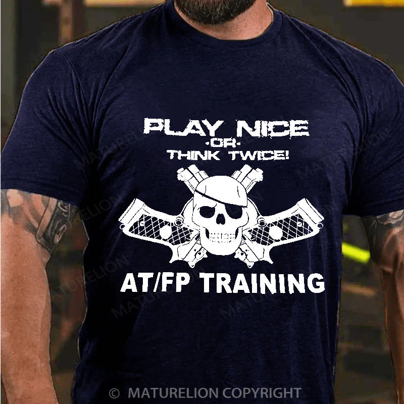 Maturelion Men's T-shirt Play Nice Think Twice Skull Guns Cotton T-shirt