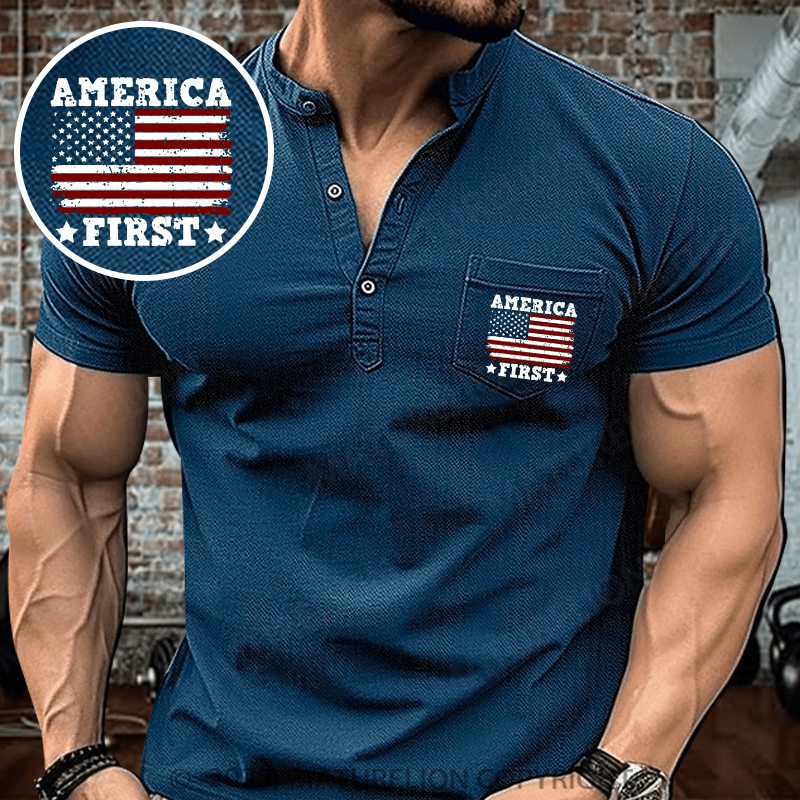 Maturelion Men's Henley Shirt America First Flag USA Henley Shirt