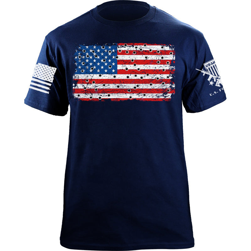 Maturelion Men's T-shirt Bullet Hole USA Flag Cotton T-shirt