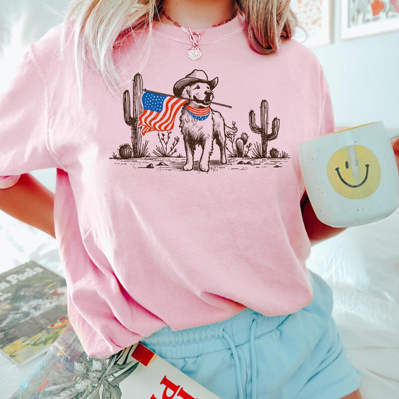 Maturelion Women's T-shirt 4th of July Golden Retriever Cotton T-shirt