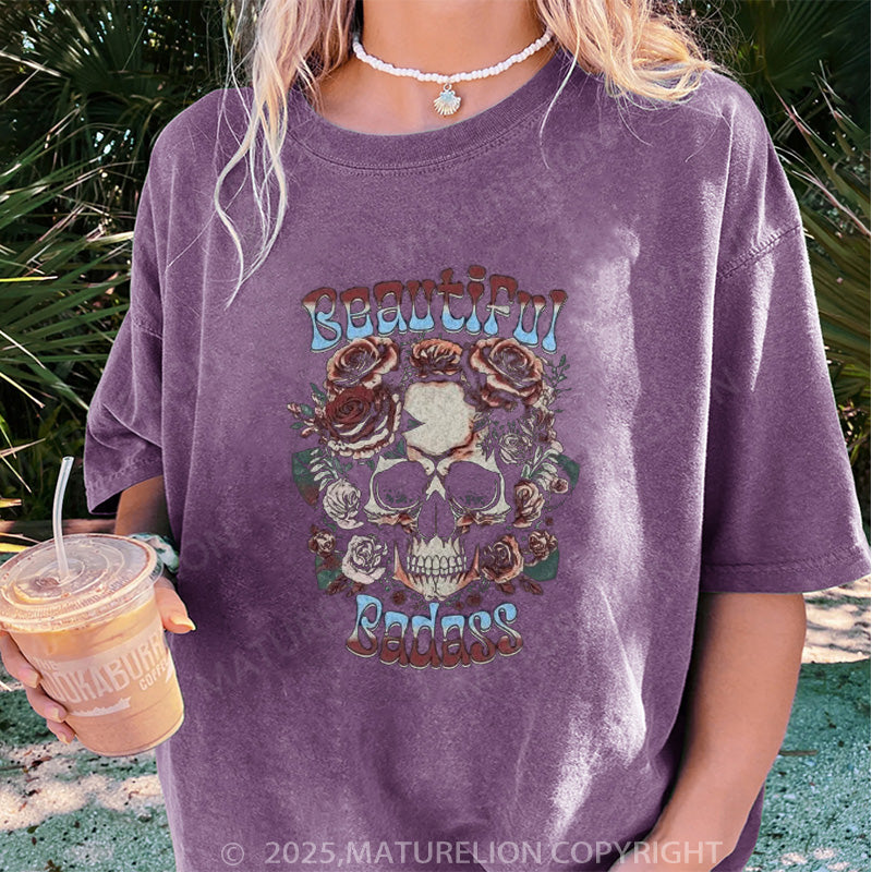 Maturelion Women's T-shirt Beautiful Badass Floral DTG Washed T-shirt