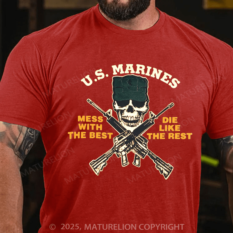 Maturelion Men's T-shirt Mess with the Best Die Like the Rest Green USMC Cotton T-shirt
