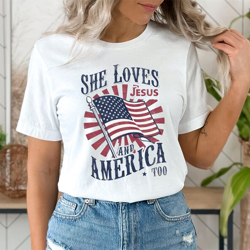 Maturelion Women's T-shirt She Loves Jesus And America Too Cotton T-shirt