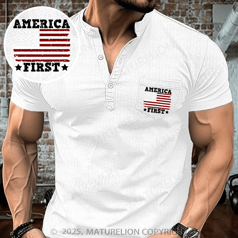 Maturelion Men's Henley Shirt America First Flag USA Henley Shirt