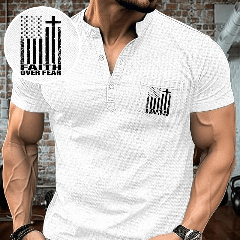 Maturelion Men's Henley Shirt Faith Over Fear Christian Flag Cross Henley Shirt