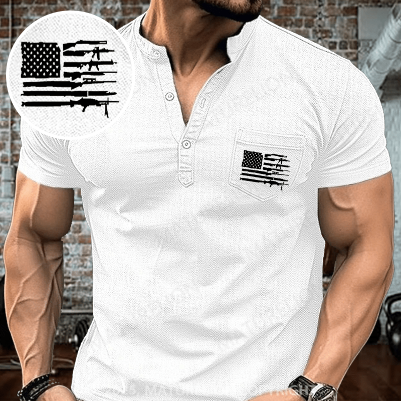Maturelion Men's Henley Shirt American Gun Flag Henley Shirt