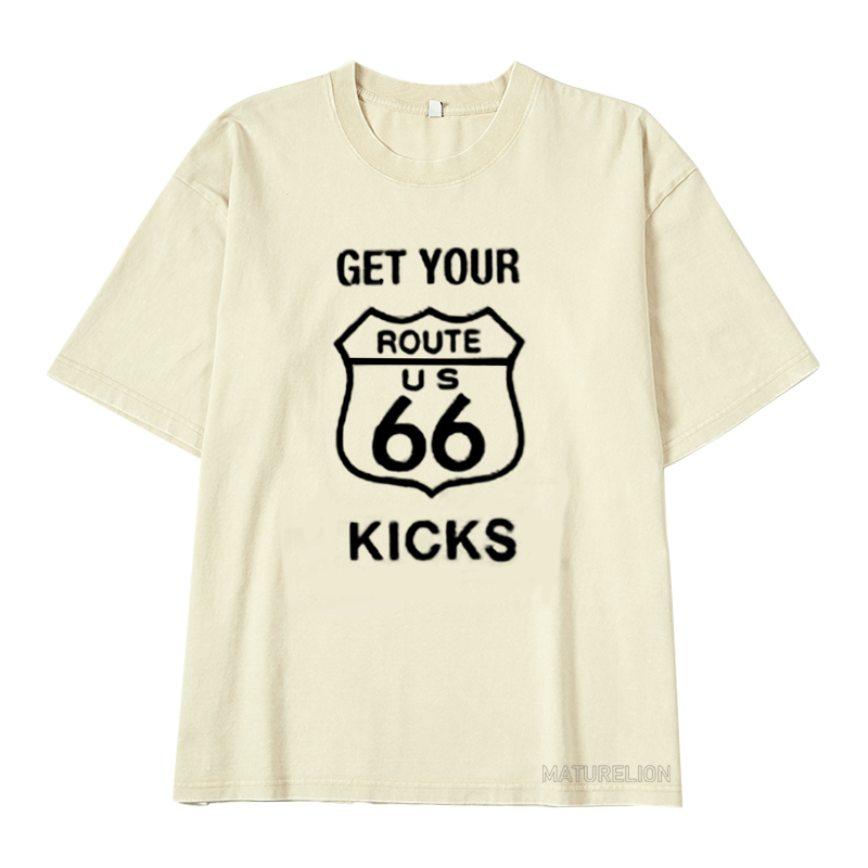 MATURELION Men's Stand Collar T-Shirt Route 66 Vintage Outdoor Short Sleeve Summer Daily Tops DTG PRINTING WASHED COTTON T-SHIRT