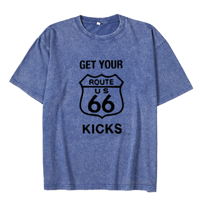 MATURELION Men's Stand Collar T-Shirt Route 66 Vintage Outdoor Short Sleeve Summer Daily Tops DTG PRINTING WASHED COTTON T-SHIRT