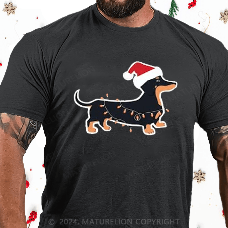Maturelion Christmas T-Shirt Cute Weiner Dog Christmas Lights Graphic Printed Short Sleeve T-Shirt