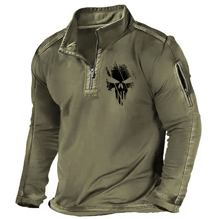 Maturelion Men's Henley Shirt Skull Print Zipper Punisher Henley Shirt