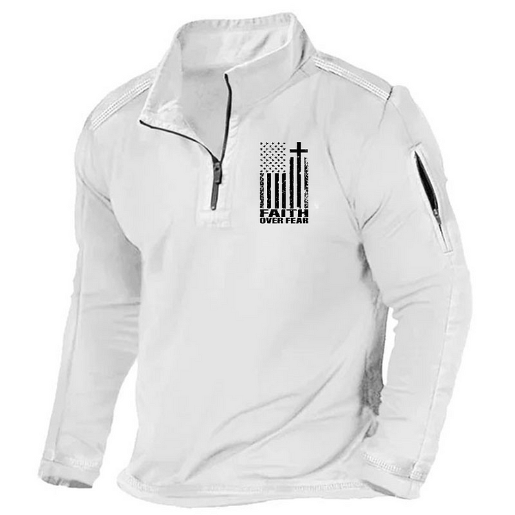 Maturelion Men's Henley Shirt Faith Over Fear Christian Flag Cross Henley Shirt