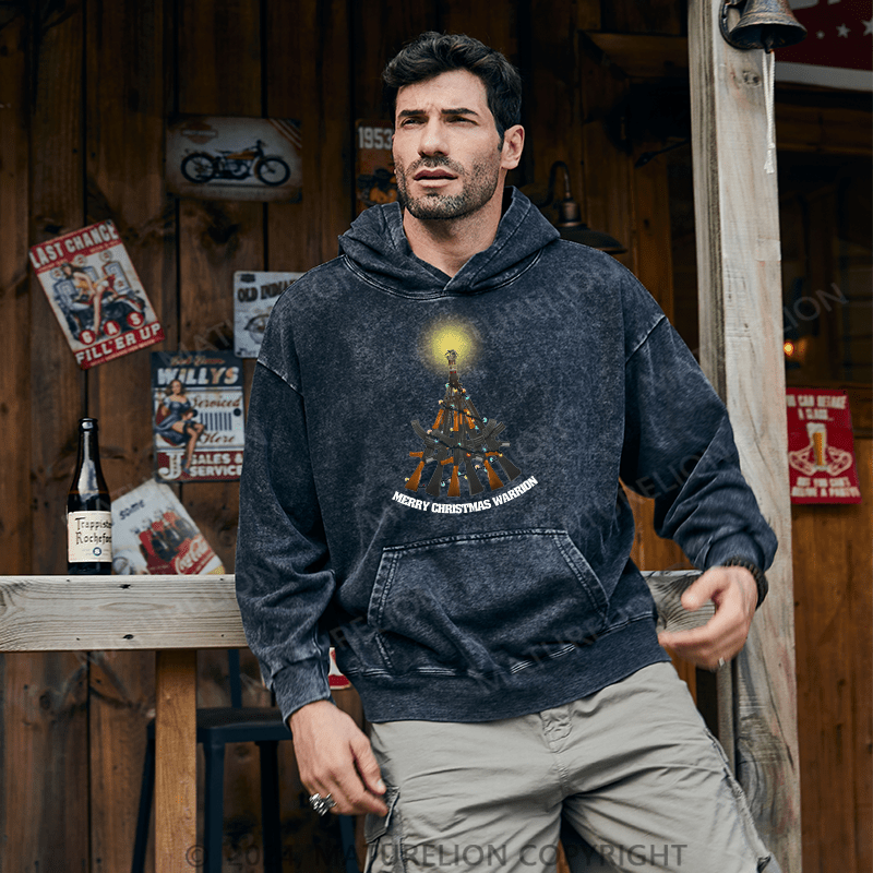 Maturelion Men's Hoodie Merry Christmas Warrior DTG Printing Washed Hoodie