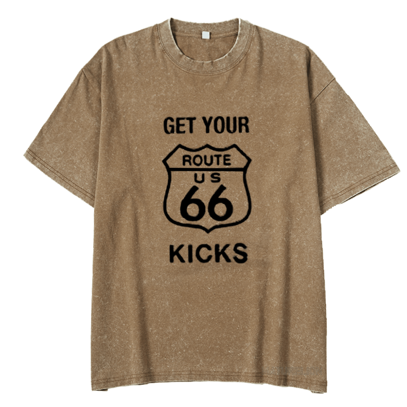 MATURELION Men's Stand Collar T-Shirt Route 66 Vintage Outdoor Short Sleeve Summer Daily Tops DTG PRINTING WASHED COTTON T-SHIRT