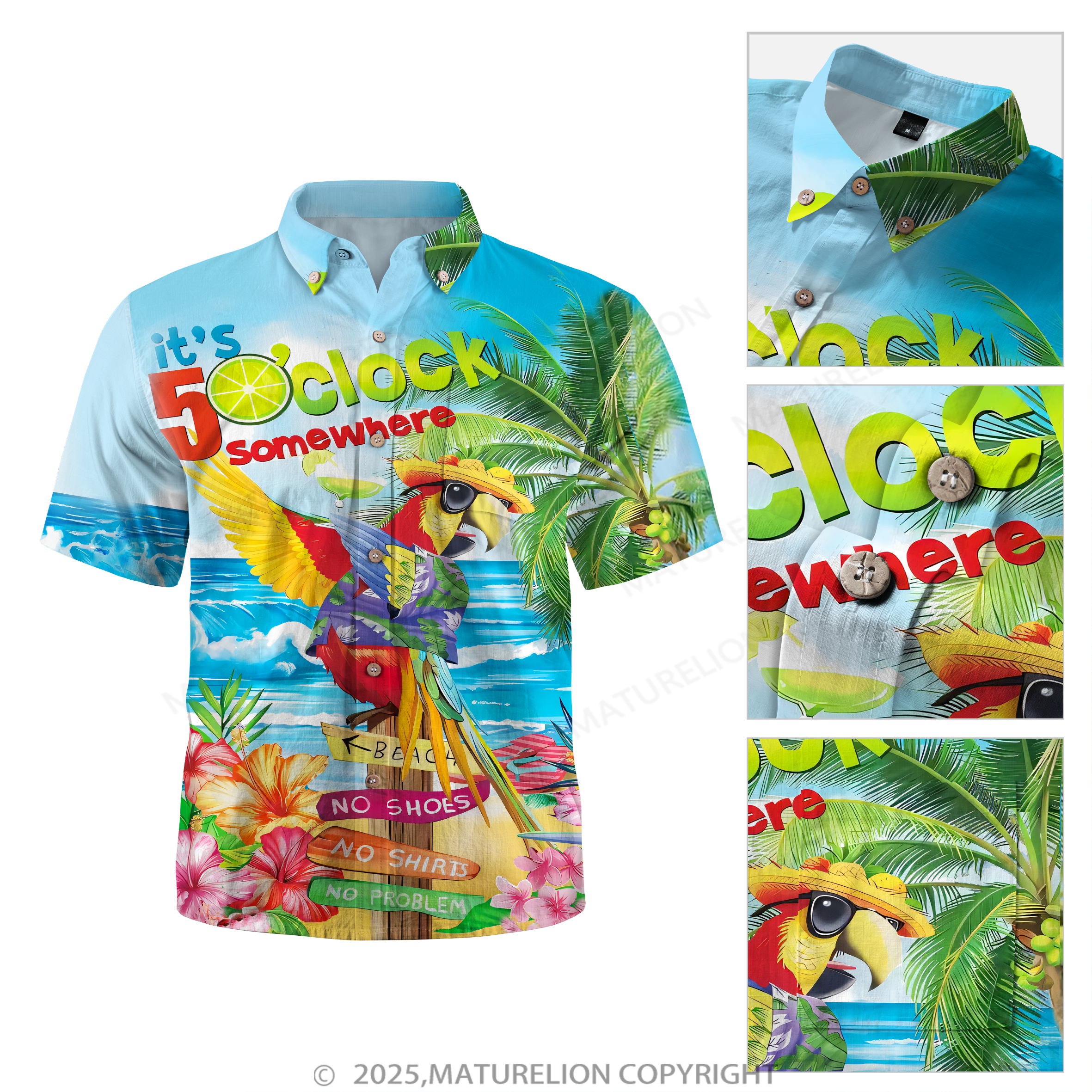 Maturelion Party Shirts It's 5 O'Clock Somewhere Parrot Chest Pocket Short Sleeve Hawaiian Shirt
