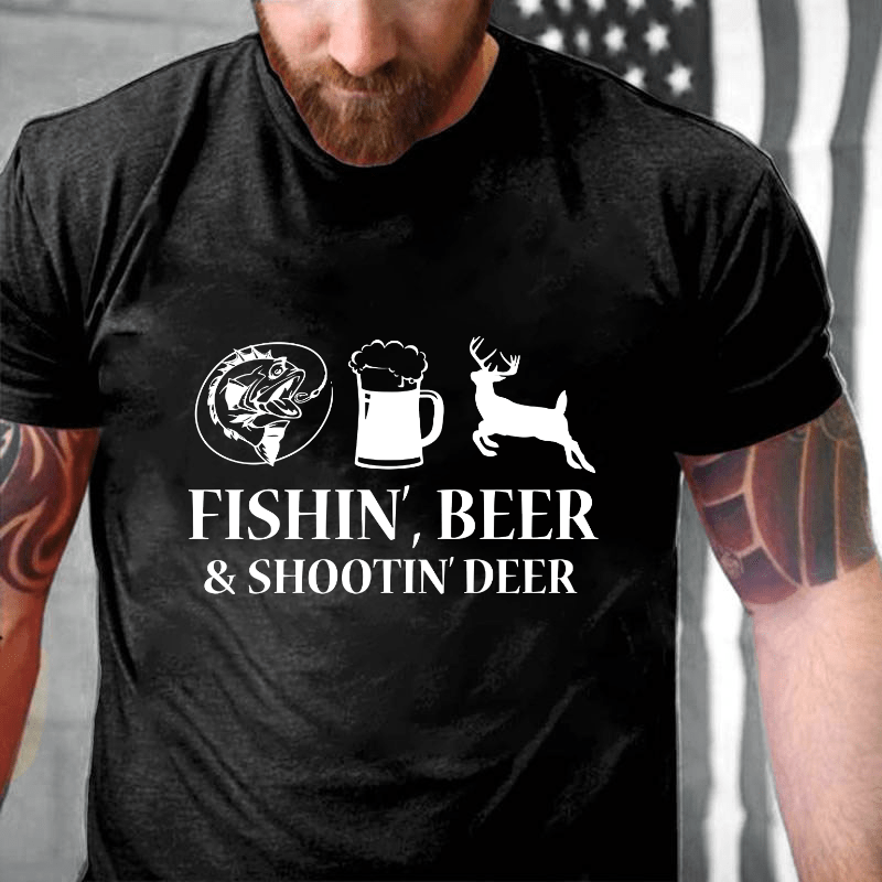 Fishin', Beer & Shootin' Deer Funny Print Cotton T-shirt