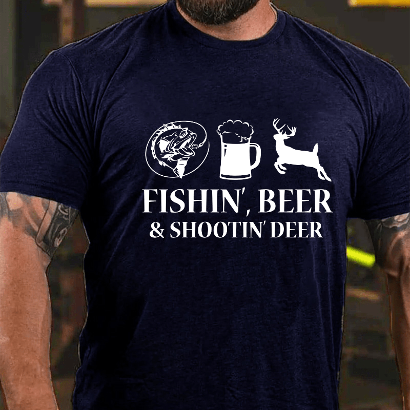 Fishin', Beer & Shootin' Deer Funny Print Cotton T-shirt