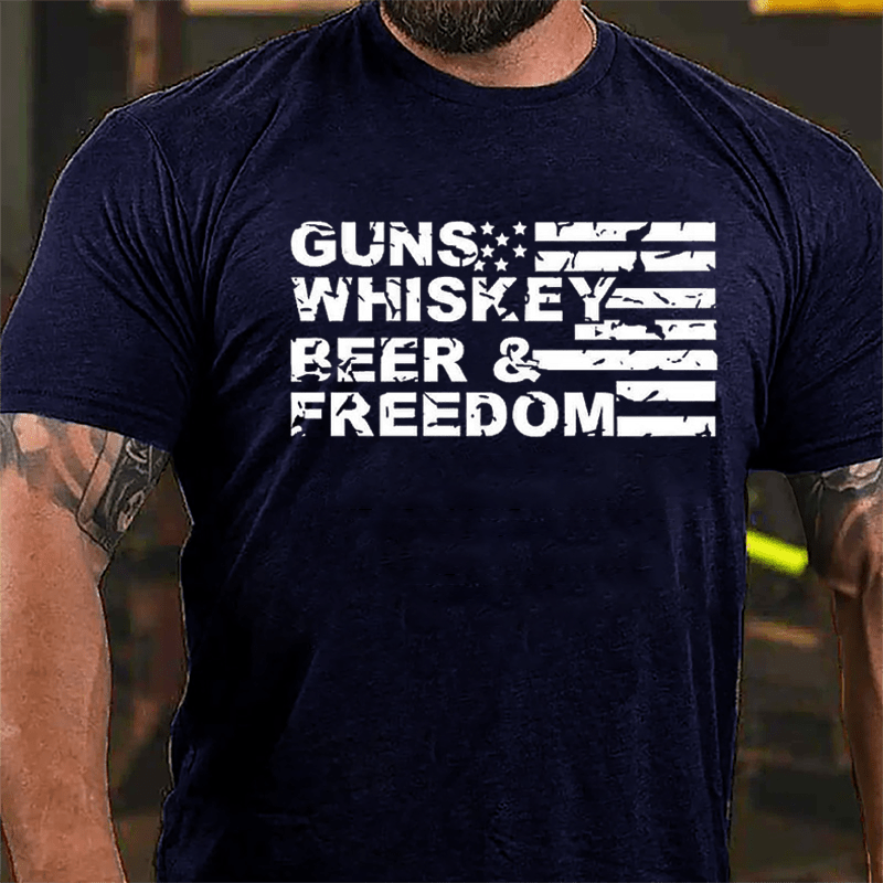 Guns Whiskey Beer Freedom USA Falg Cotton T-shirt